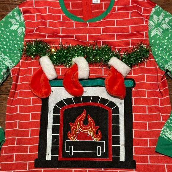 Dec.25th Ugly Christmas Pajama Red Fireplace with Stockings and Tinsel Back Zip - Picture 5 of 11